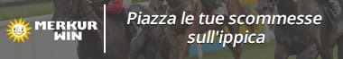 Il logo di Merkur Win e sullo sfondo un cavallo da corsa in azione, con la scritta 
